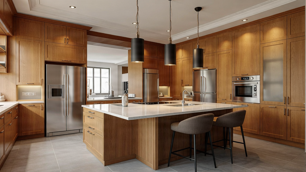 Modern kitchen interior with light wood cabinetry, white countertops, a large island, and stainless steel appliances.