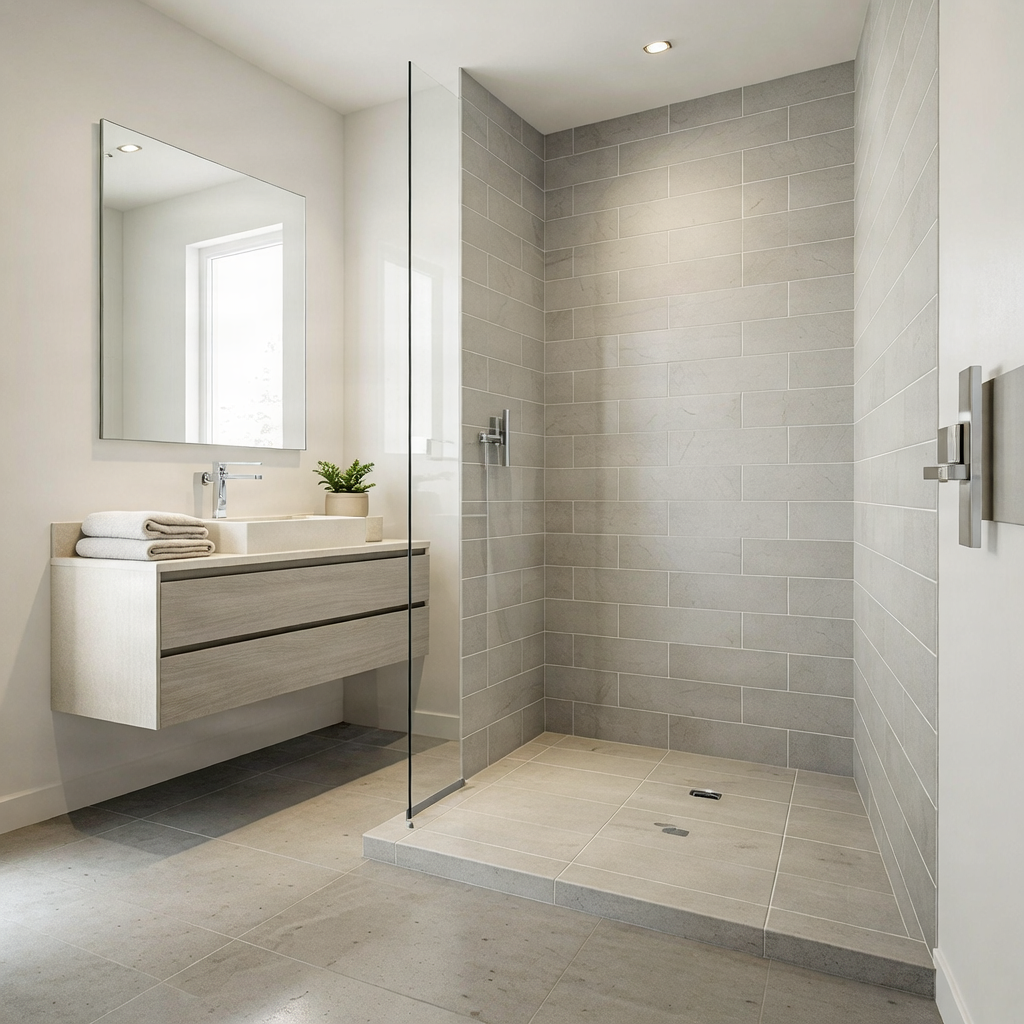 Clean, modern bathroom featuring a glass-enclosed shower and a window.