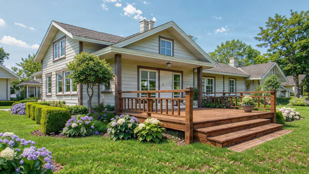 Exterior view of a light green house with a front porch, white trim, and green landscaping.